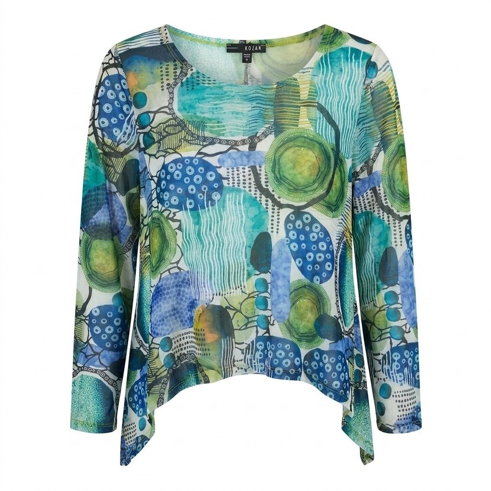 Kozan Juliet Top Women's SMALL Green Abstract Mesh Boat Neck Blouse Lagenlook‎